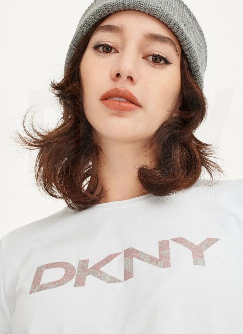 DKNY Glitter Logo Women's T Shirts White | Ireland_D1611