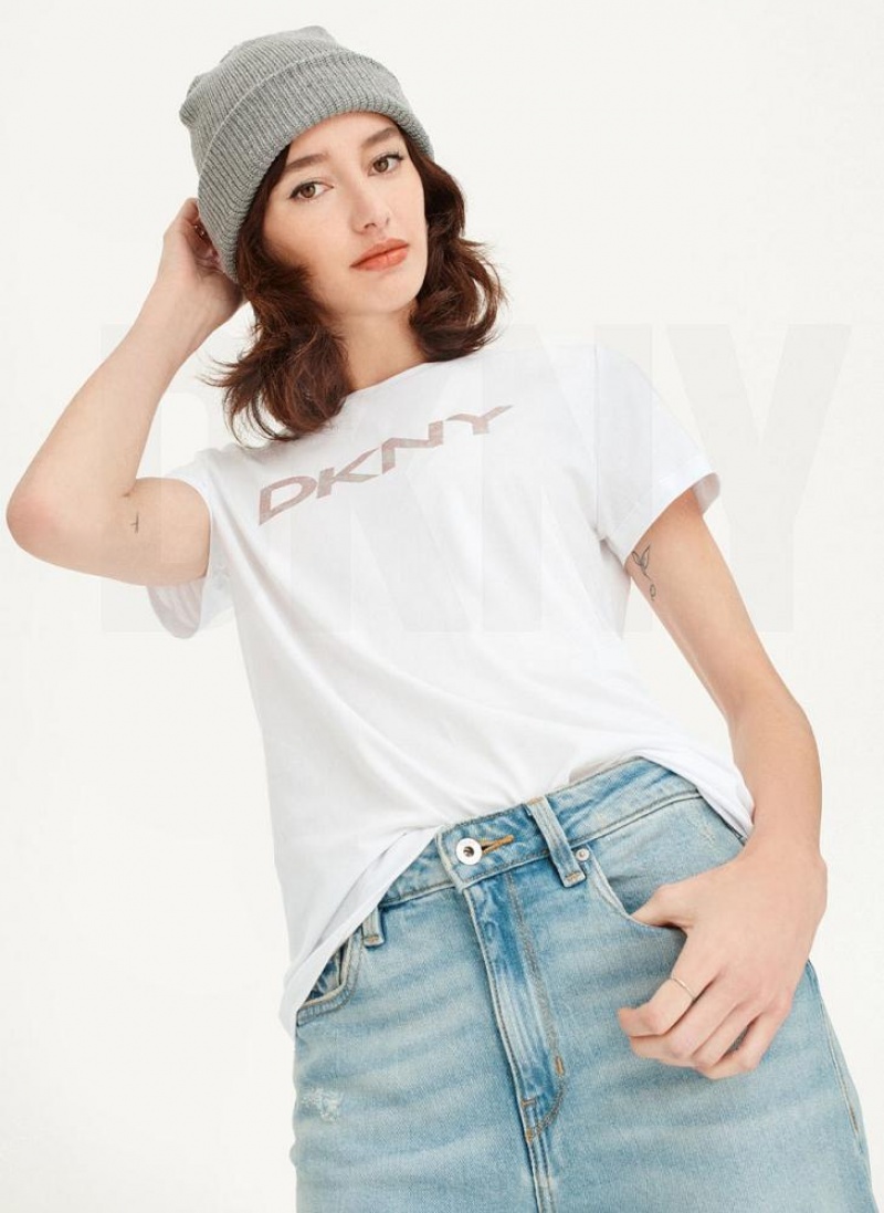 DKNY Glitter Logo Women\'s T Shirts White | Ireland_D1611