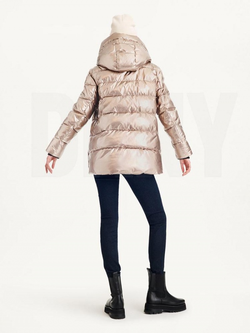 DKNY Glossy Mid Length Women's Puffer Jacket Gold | Ireland_D0763