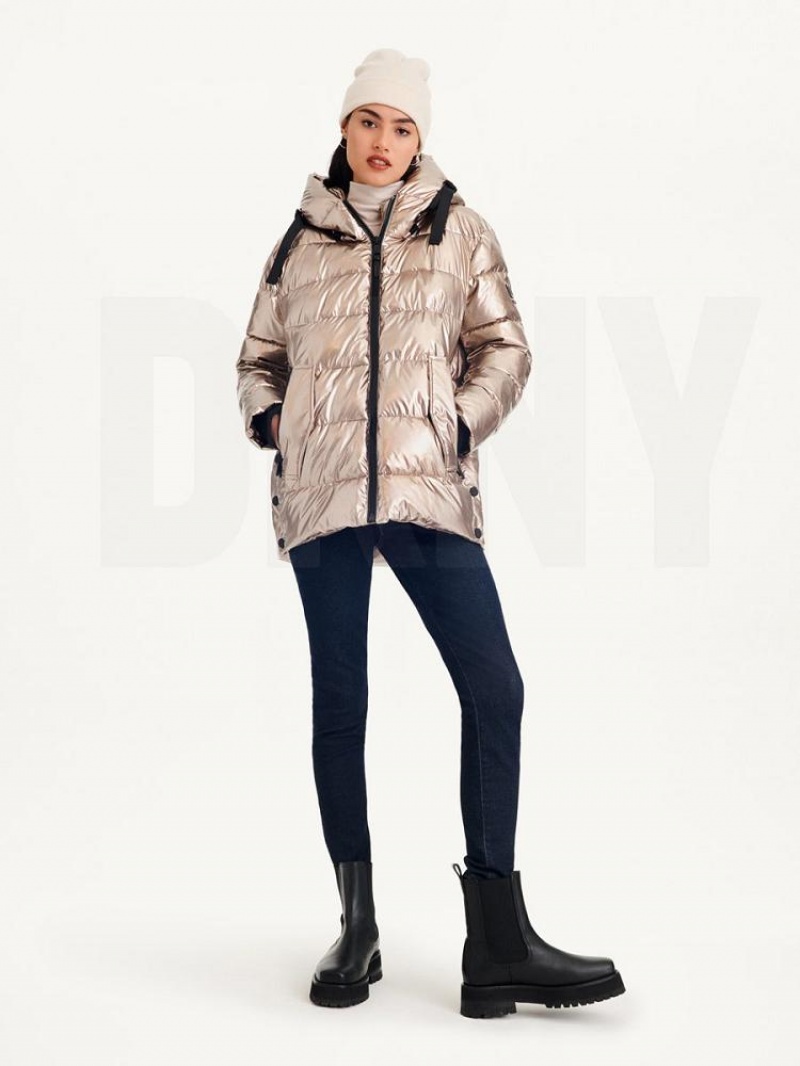 DKNY Glossy Mid Length Women's Puffer Jacket Gold | Ireland_D0763