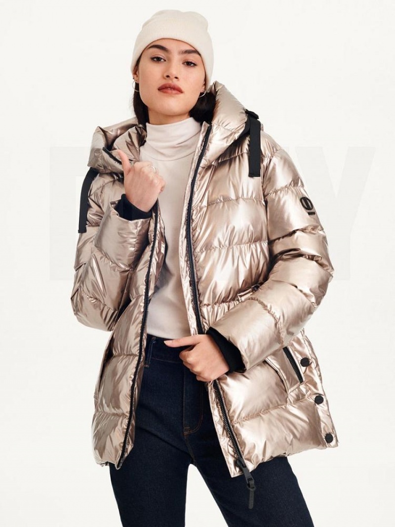 DKNY Glossy Mid Length Women's Puffer Jacket Gold | Ireland_D0763