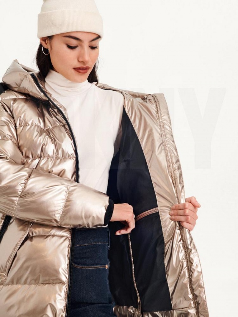 DKNY Glossy Mid Length Women's Puffer Jacket Gold | Ireland_D0763