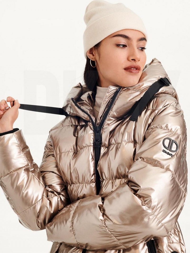 DKNY Glossy Mid Length Women's Puffer Jacket Gold | Ireland_D0763