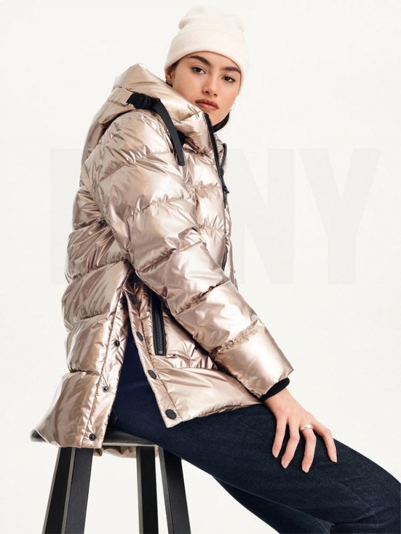 DKNY Glossy Mid Length Women's Puffer Jacket Gold | Ireland_D0763