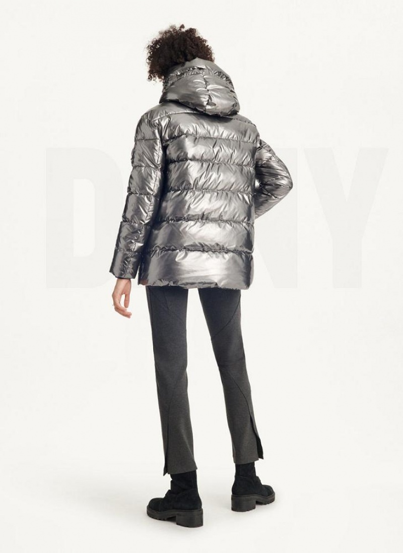 DKNY Glossy Mid Length Women's Puffer Jacket Grey | Ireland_D1931