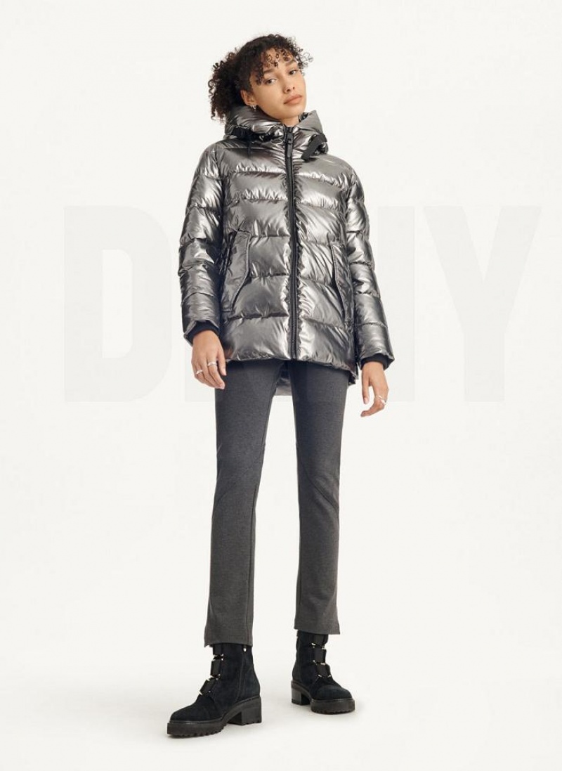 DKNY Glossy Mid Length Women's Puffer Jacket Grey | Ireland_D1931