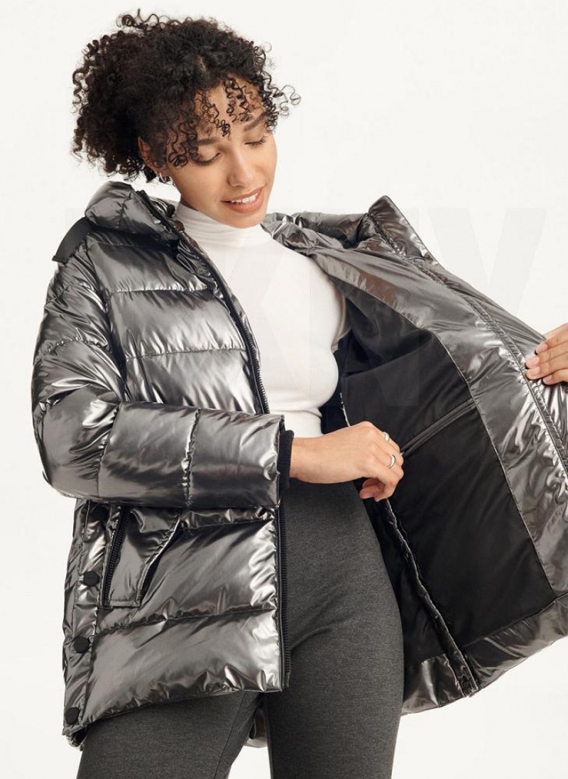 DKNY Glossy Mid Length Women's Puffer Jacket Grey | Ireland_D1931