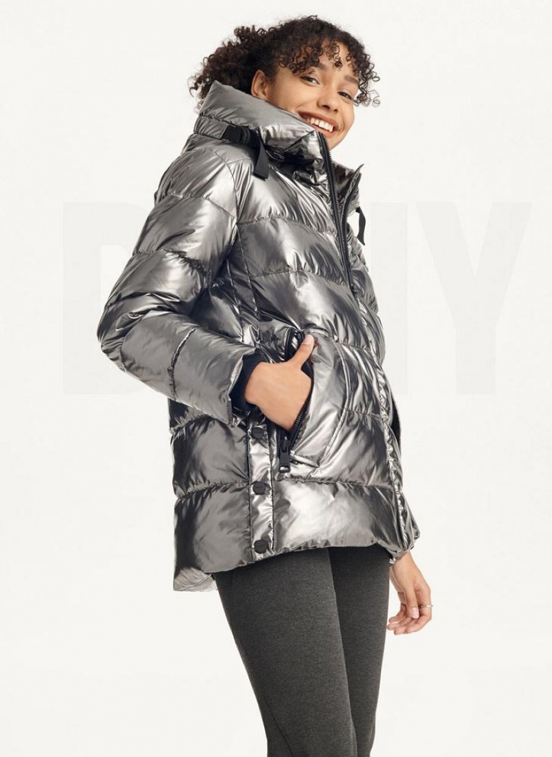 DKNY Glossy Mid Length Women's Puffer Jacket Grey | Ireland_D1931