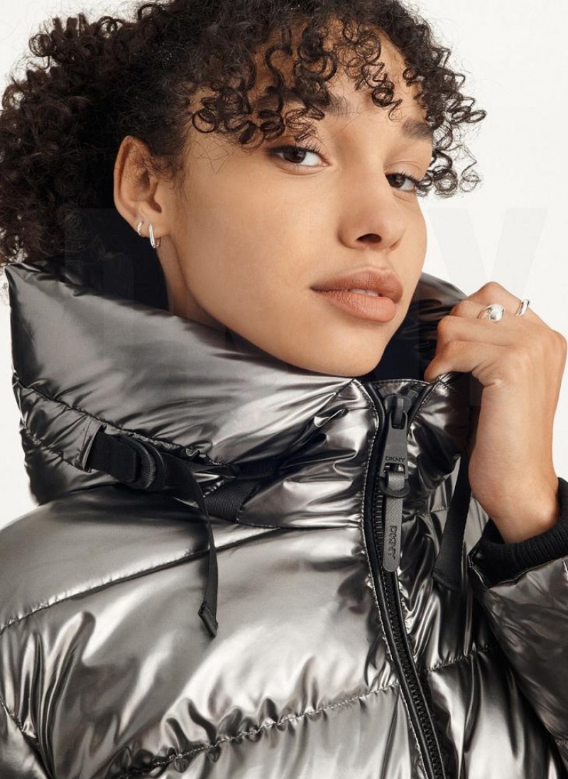 DKNY Glossy Mid Length Women's Puffer Jacket Grey | Ireland_D1931