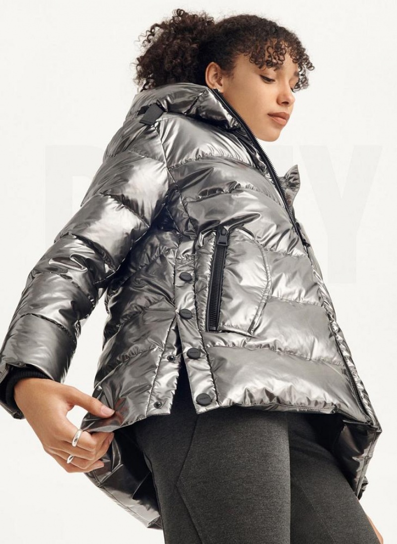 DKNY Glossy Mid Length Women's Puffer Jacket Grey | Ireland_D1931