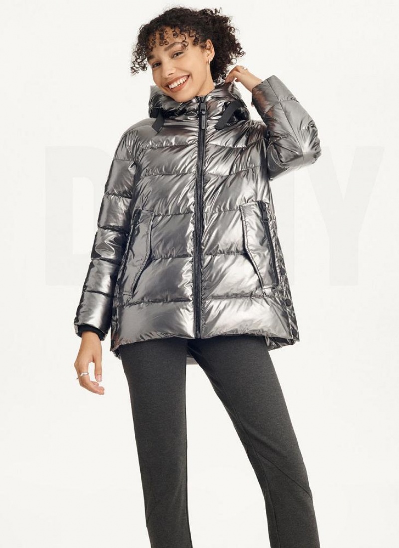 DKNY Glossy Mid Length Women\'s Puffer Jacket Grey | Ireland_D1931