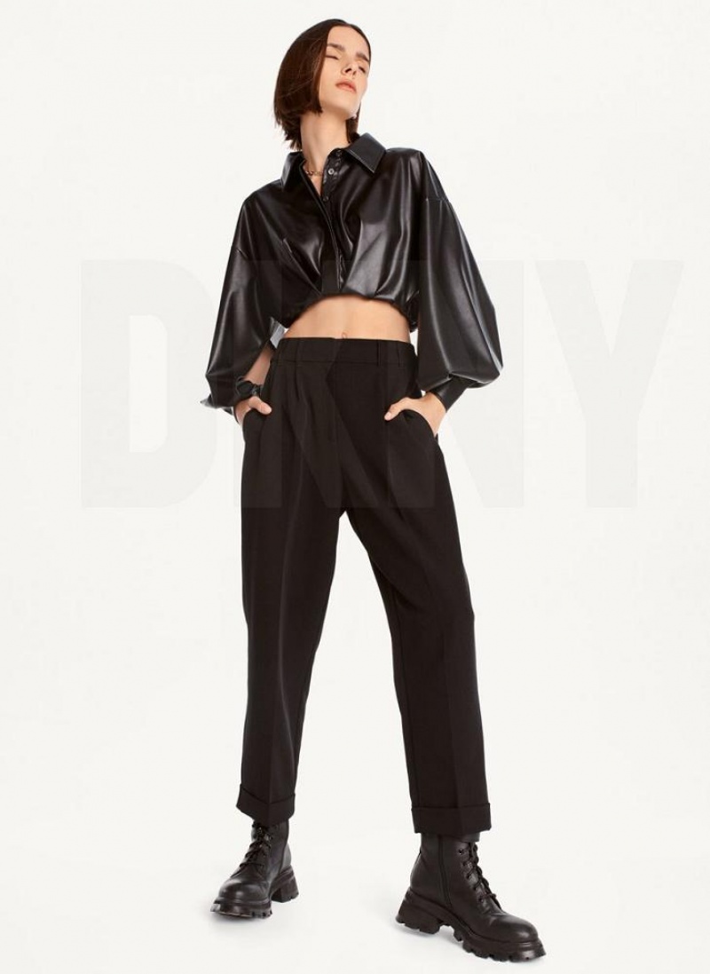 DKNY High Rise Pleat Rolled Cuff Women's Pants Black | Ireland_D0202