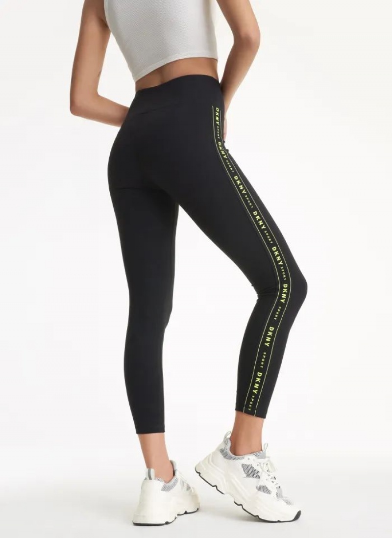 DKNY High Waist 7/8 Tight with Logo Taping Women's Leggings Black / Yellow | Ireland_D0681