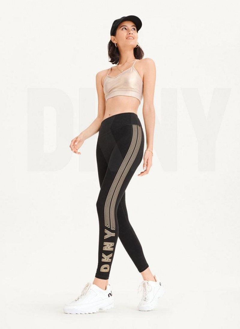 DKNY High Waist Full Length High Density Logo Women's Leggings Black / Gold | Ireland_D1531