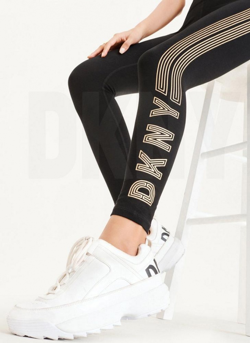 DKNY High Waist Full Length High Density Logo Women's Leggings Black / Gold | Ireland_D1531