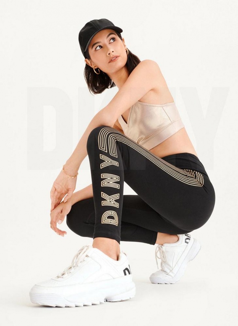 DKNY High Waist Full Length High Density Logo Women\'s Leggings Black / Gold | Ireland_D1531