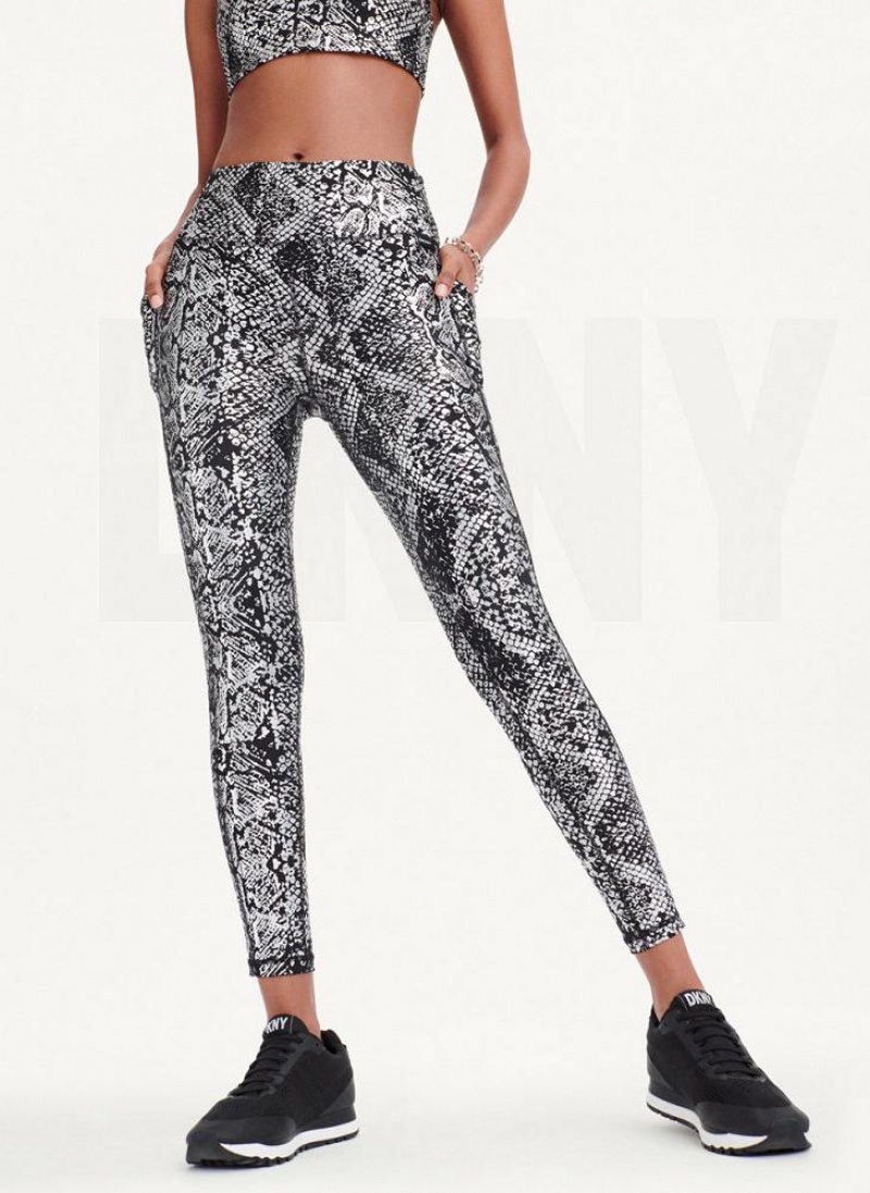 DKNY High Waist Metallic Snake Print Women's Leggings Black / Silver | Ireland_D1764