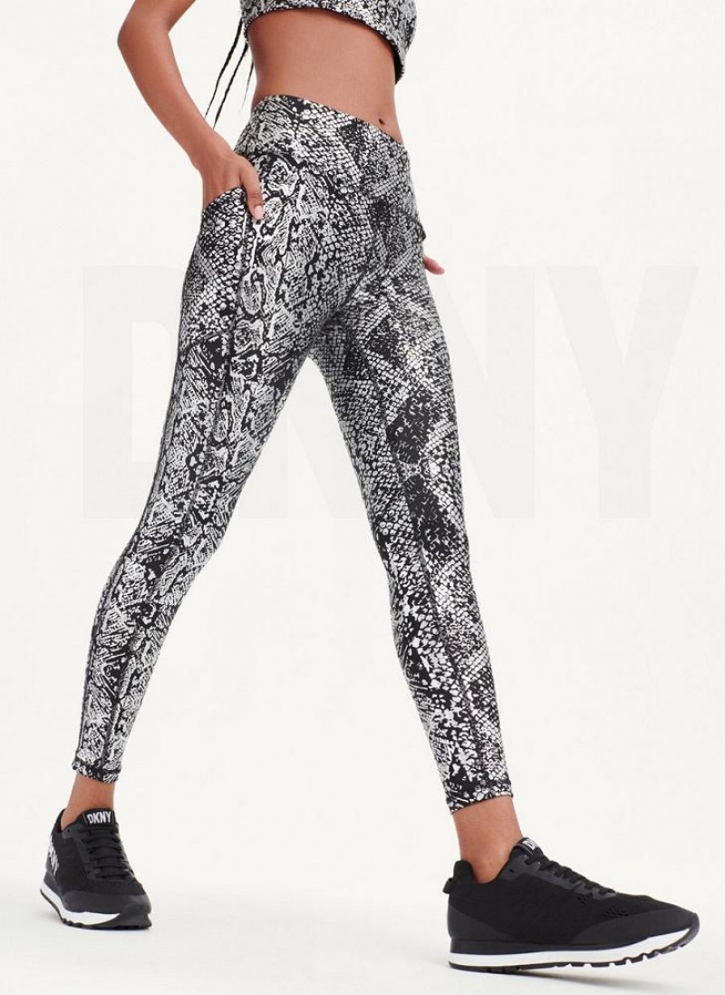 DKNY High Waist Metallic Snake Print Women\'s Leggings Black / Silver | Ireland_D1764