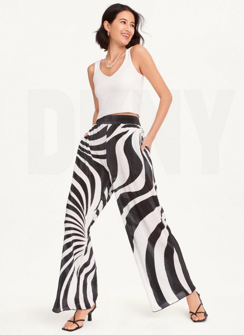 DKNY High Waisted Pleated Flare Women's Pants Black / White | Ireland_D1933