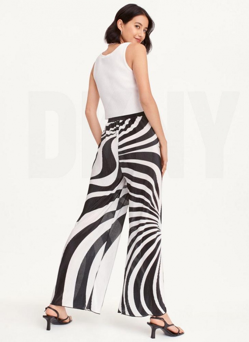 DKNY High Waisted Pleated Flare Women's Pants Black / White | Ireland_D1933