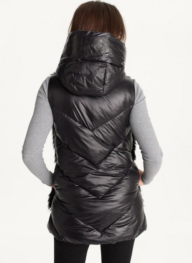 DKNY Hooded Puffer Vest With Faux Fur Front Women's Coats Black | Ireland_D1804