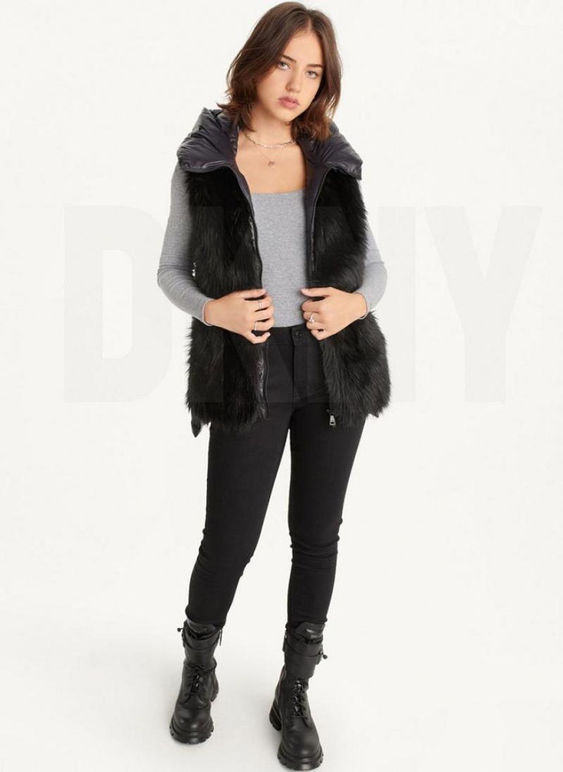 DKNY Hooded Puffer Vest With Faux Fur Front Women's Coats Black | Ireland_D1804