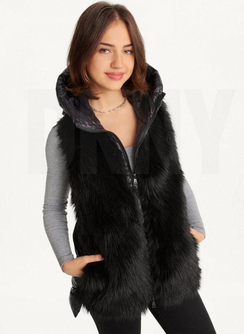 DKNY Hooded Puffer Vest With Faux Fur Front Women\'s Coats Black | Ireland_D1804