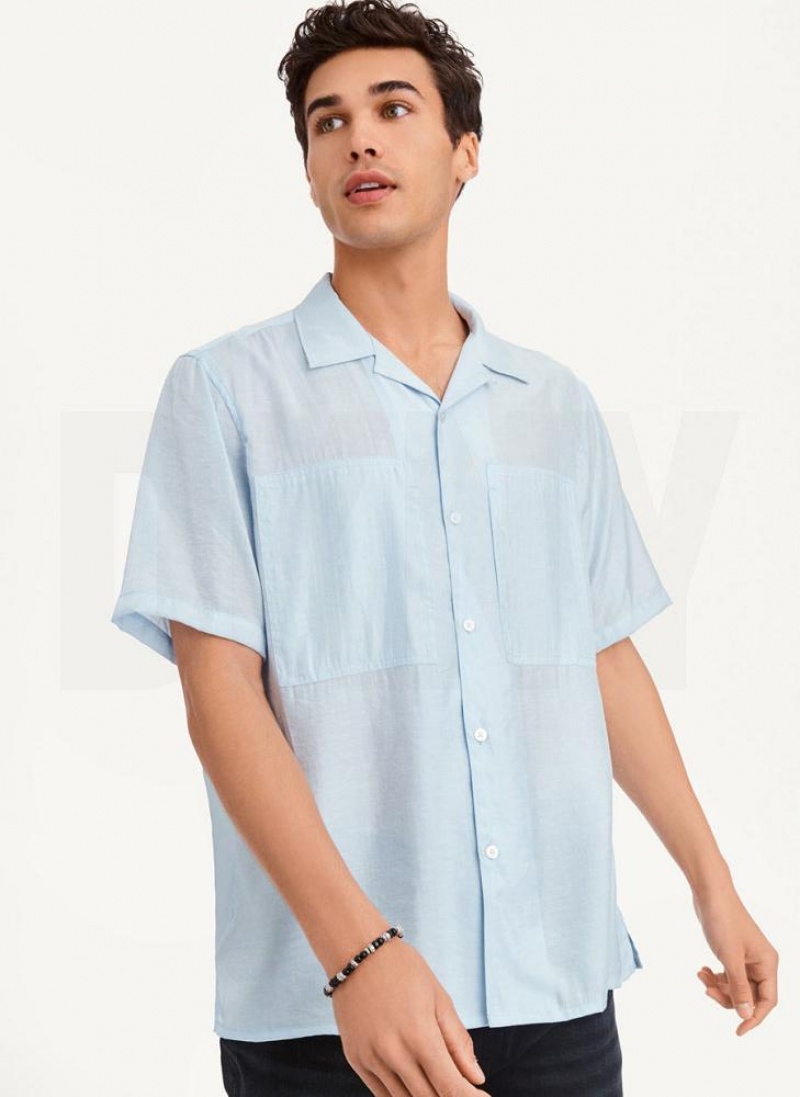 DKNY Imitation Silk Camp Men\'s Shirts Blue | Ireland_D1338