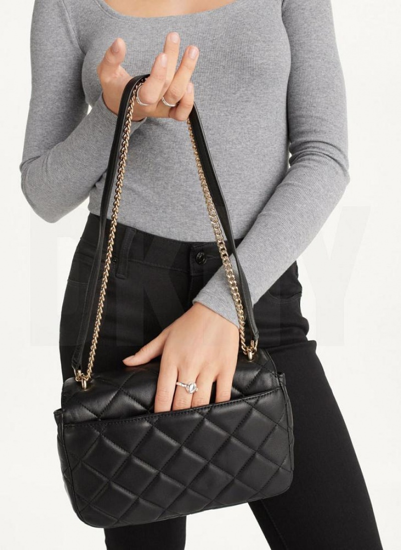 DKNY Lara Large Quilted Women's Shoulder Bags Black / Gold | Ireland_D0797