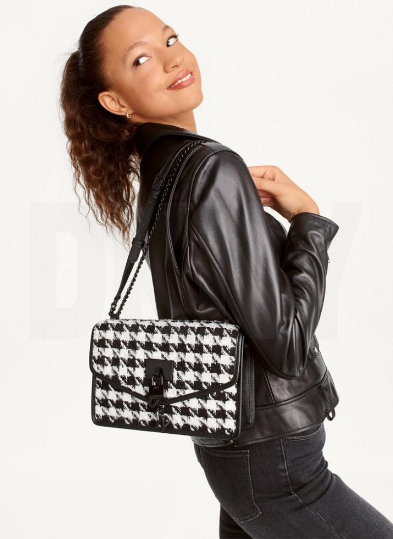 DKNY Large Elissa Herringbone Women's Crossbody Bags Black / White | Ireland_D0716