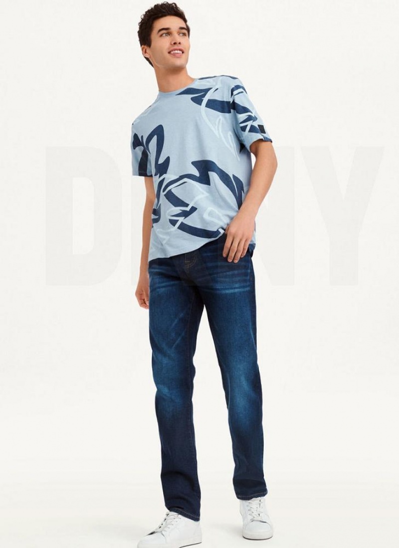 DKNY Leaves Print Slub Jersey Men's T Shirts Navy | Ireland_D1630