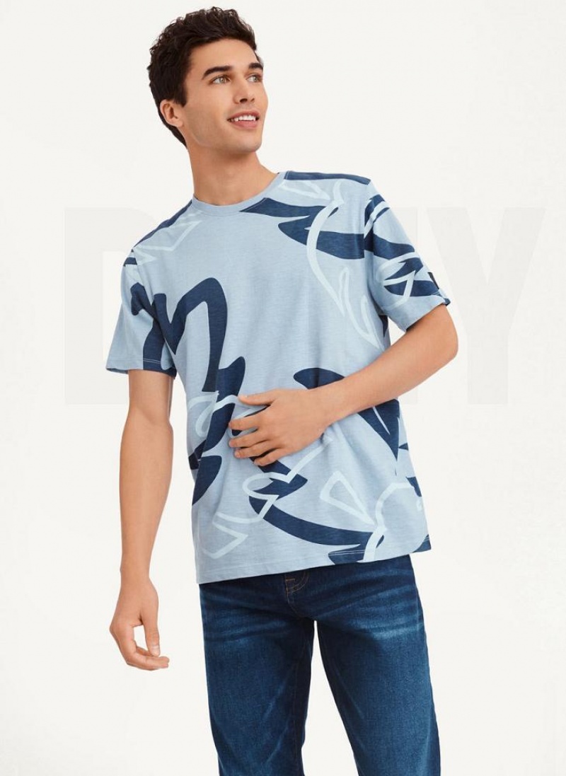 DKNY Leaves Print Slub Jersey Men\'s T Shirts Navy | Ireland_D1630