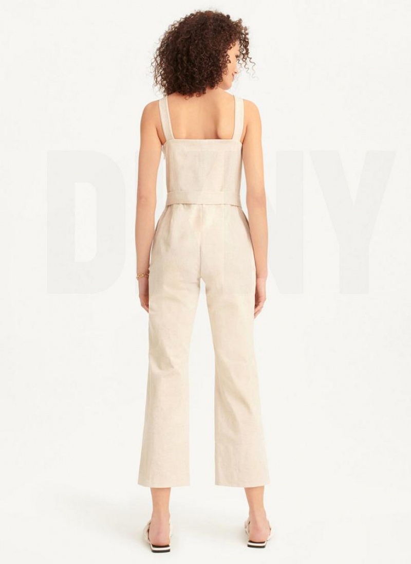 DKNY Linen Belted Women's Jumpsuit Beige | Ireland_D0580