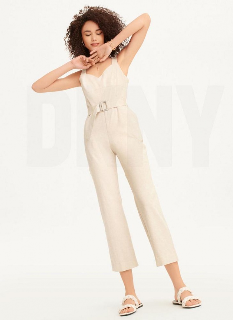 DKNY Linen Belted Women's Jumpsuit Beige | Ireland_D0580