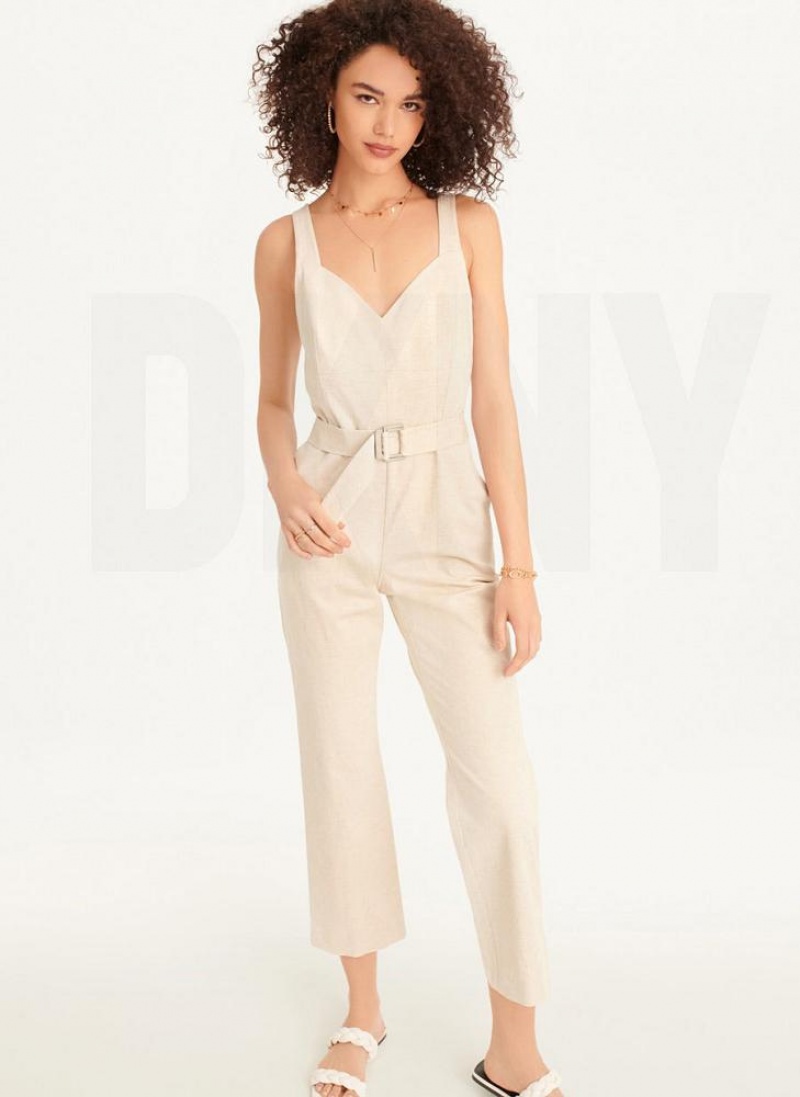 DKNY Linen Belted Women's Jumpsuit Beige | Ireland_D0580