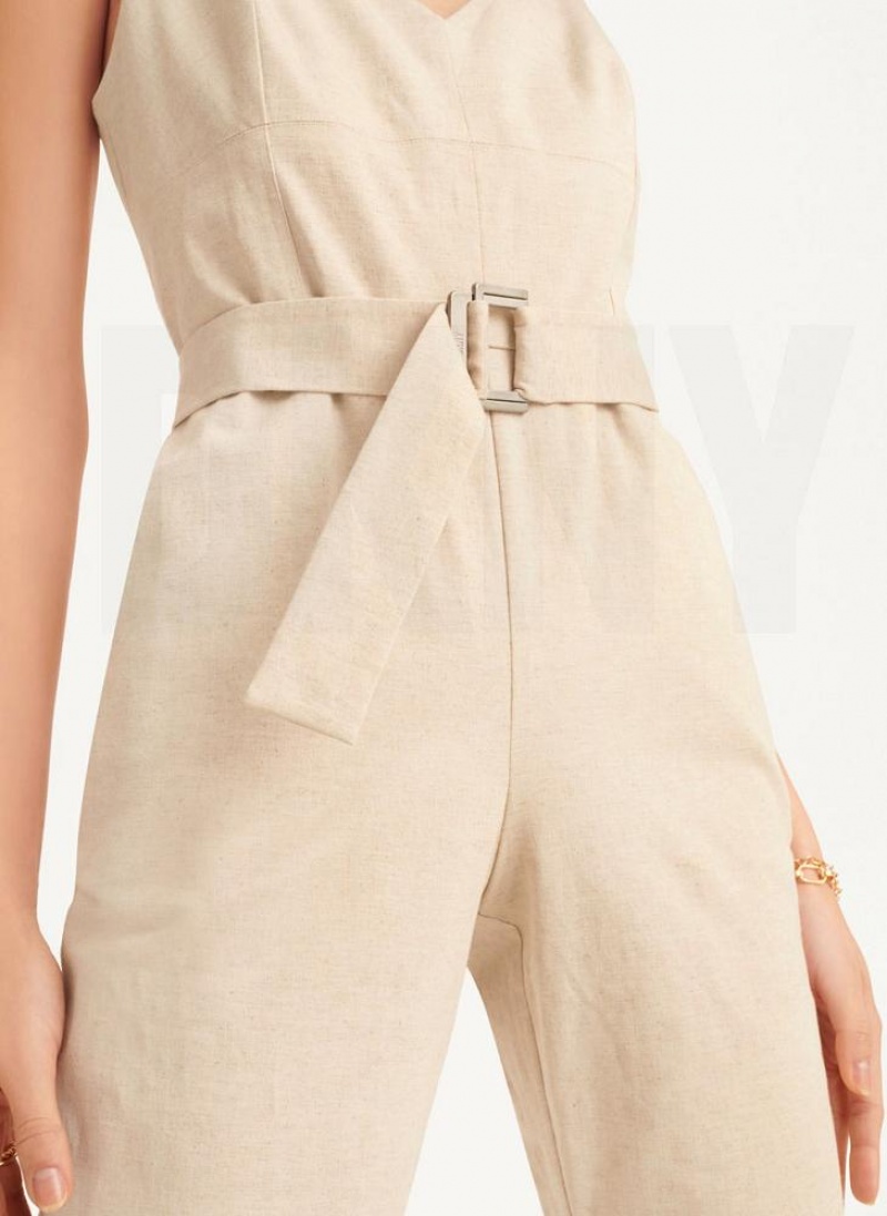 DKNY Linen Belted Women's Jumpsuit Beige | Ireland_D0580