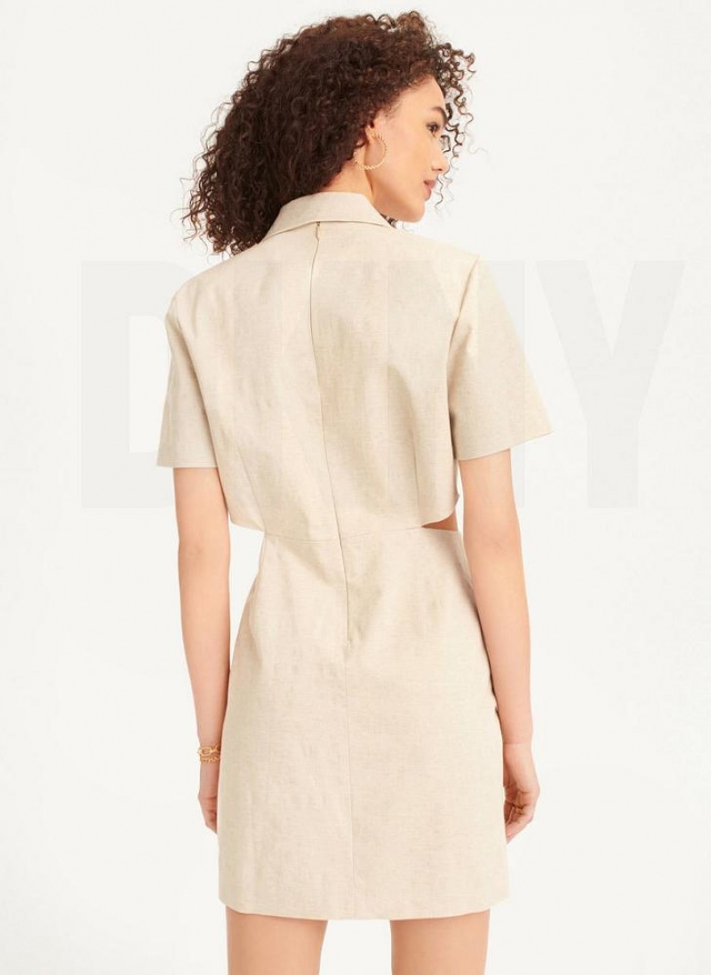 DKNY Linen Cut Out Women's Dress Beige | Ireland_D0357