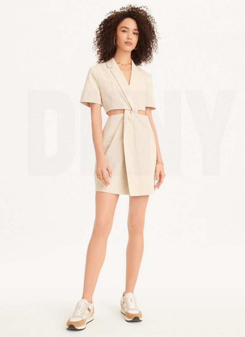 DKNY Linen Cut Out Women's Dress Beige | Ireland_D0357