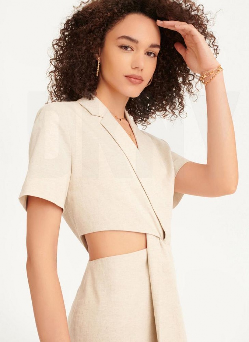 DKNY Linen Cut Out Women's Dress Beige | Ireland_D0357