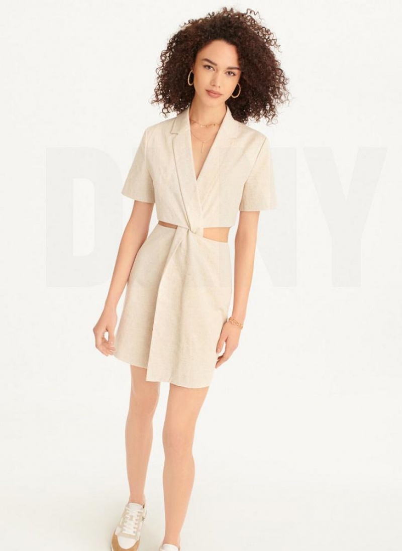 DKNY Linen Cut Out Women\'s Dress Beige | Ireland_D0357