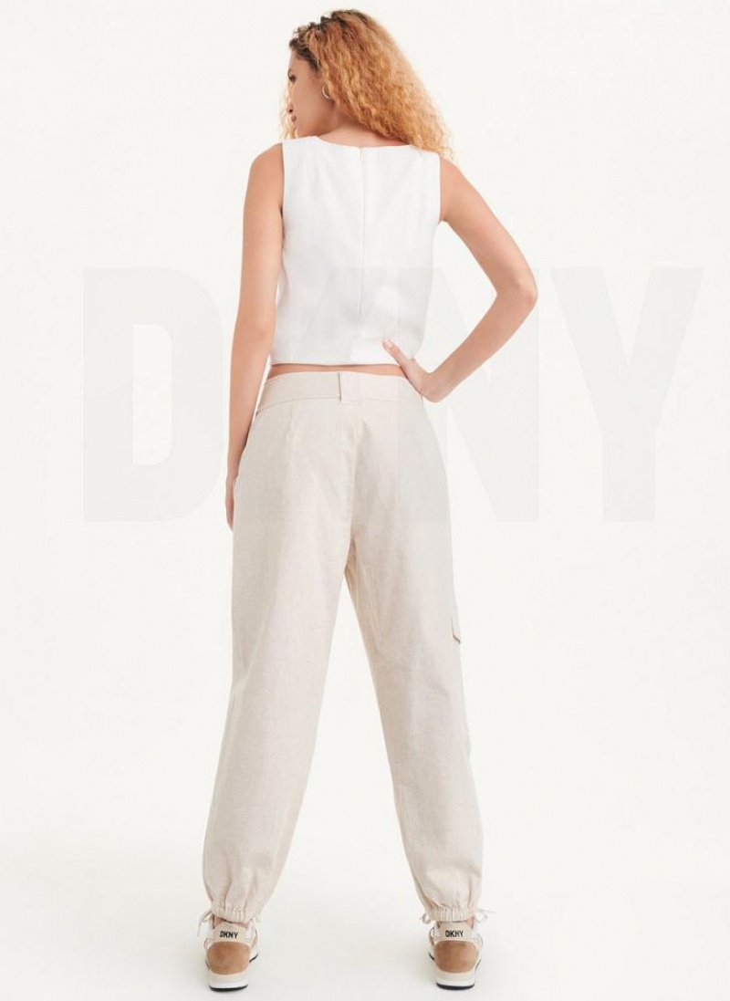 DKNY Linen Women's Pants Beige | Ireland_D1733