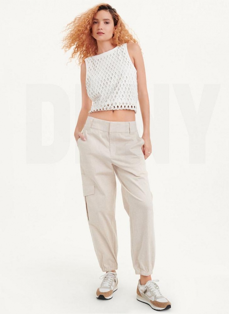 DKNY Linen Women's Pants Beige | Ireland_D1733