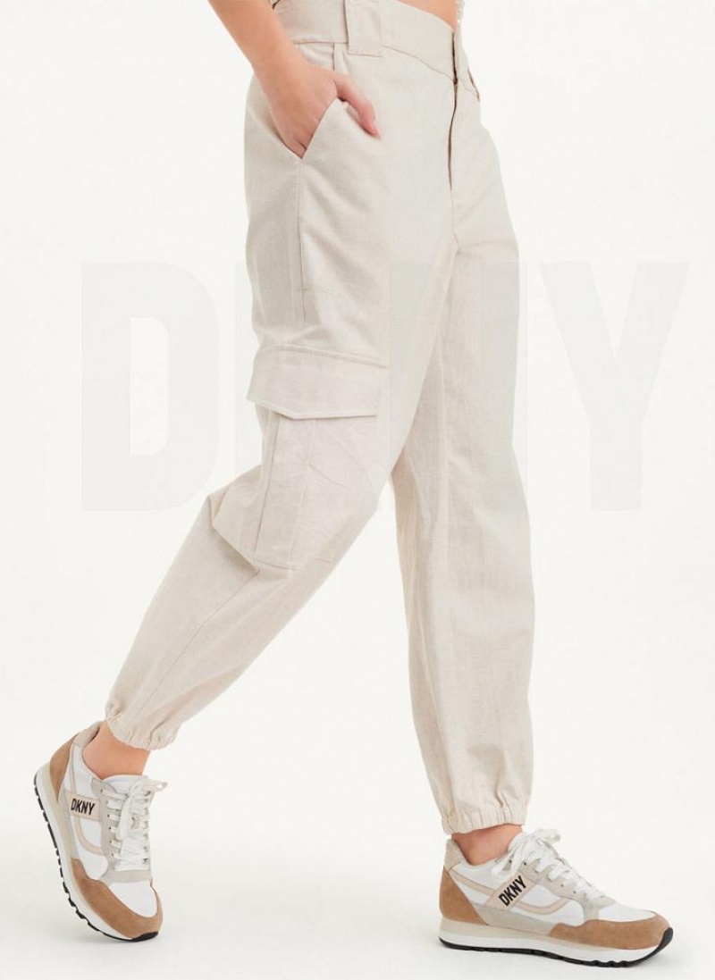 DKNY Linen Women\'s Pants Beige | Ireland_D1733