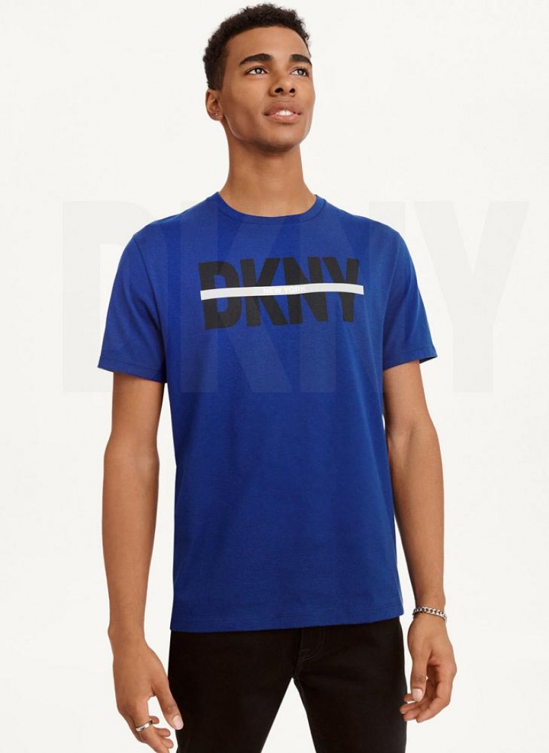 DKNY Logo Cross Bar Men\'s T Shirts Deep Blue | Ireland_D1326