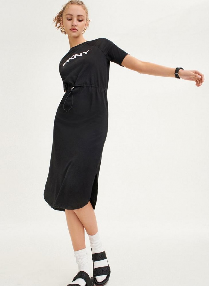 DKNY Logo Drawstring Waist Women's Dress Black | Ireland_D0989