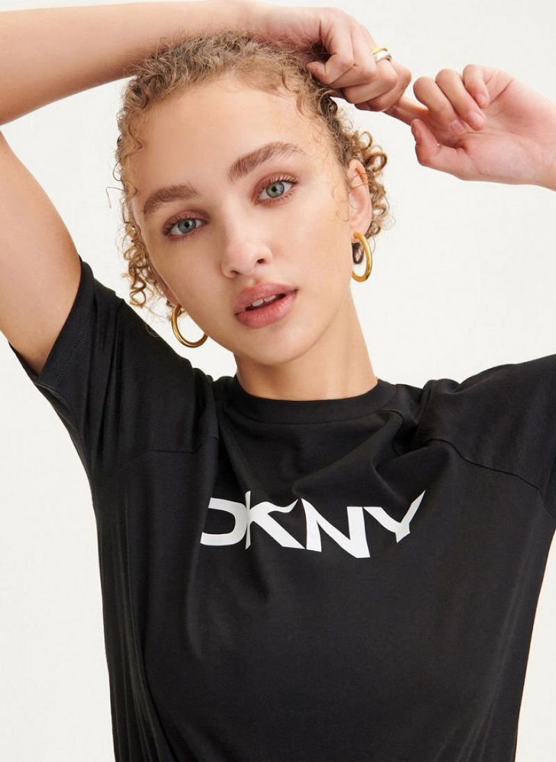 DKNY Logo Drawstring Waist Women's Dress Black | Ireland_D0989