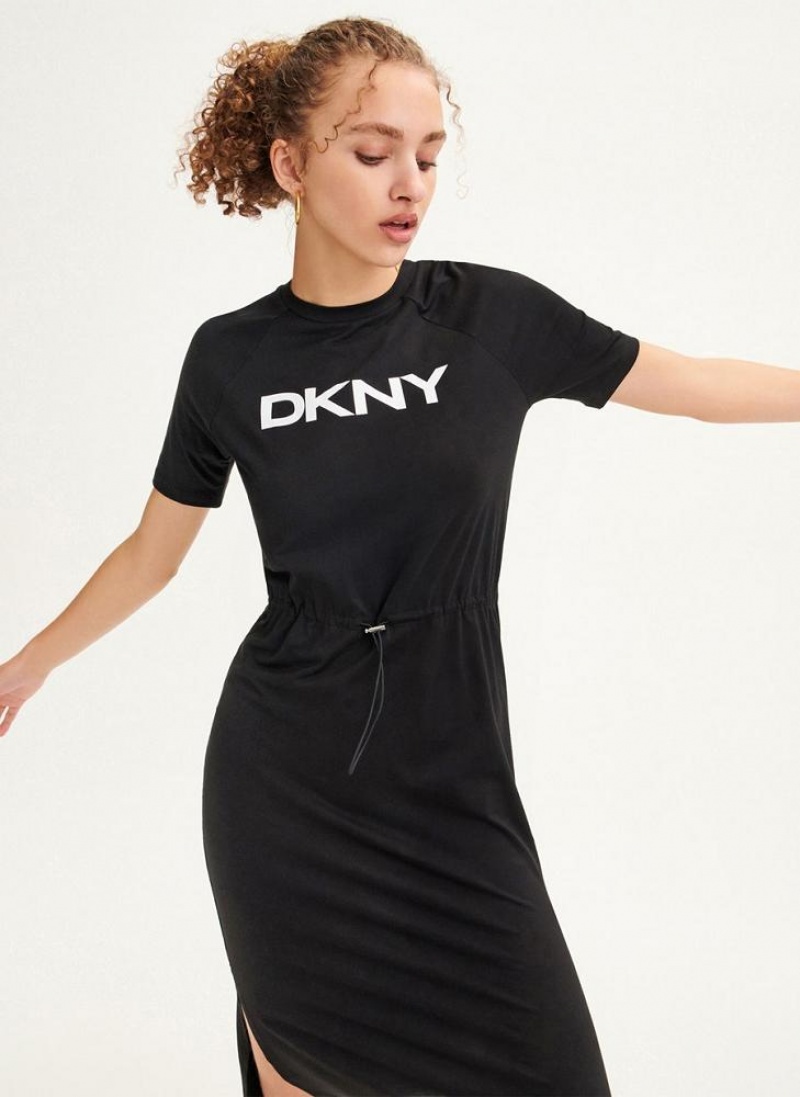 DKNY Logo Drawstring Waist Women's Dress Black | Ireland_D0989