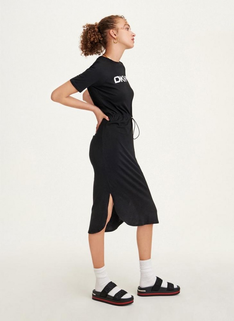 DKNY Logo Drawstring Waist Women's Dress Black | Ireland_D0989