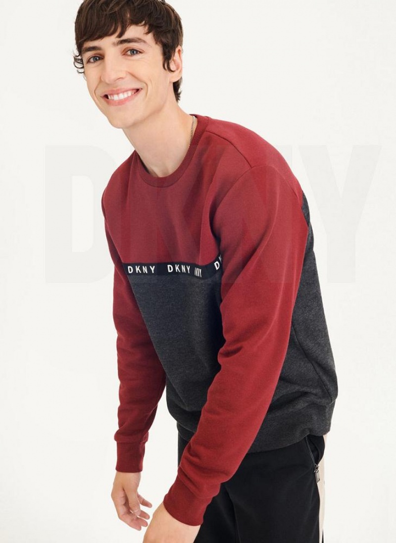 DKNY Logo Fleece Crew Men's Sweatshirts Dark Red | Ireland_D1045