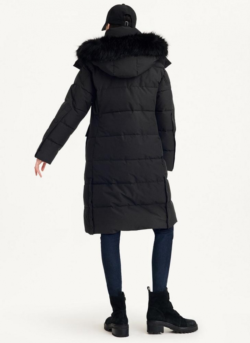 DKNY Long Puffer With Faux Fur Hood Women's Coats Black | Ireland_D1449